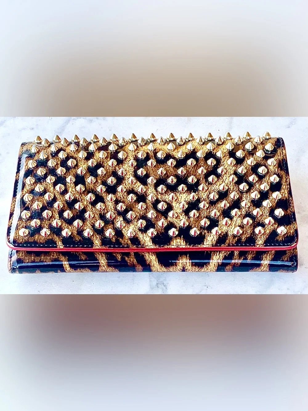 CHRISTIAN LOUBOUTIN MACARON PATENT SPIKED FLAP WALLET CLUTCH LEOPARD WRISTLET